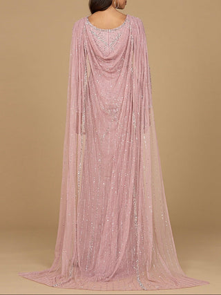Long Sleeve Beaded Gown with Cape - Glamourous Grace