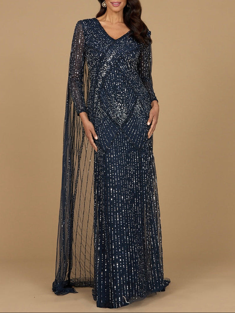 Long Sleeve Beaded Gown with Cape - Glamourous Grace