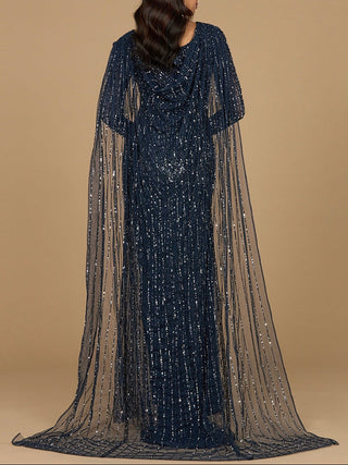 Long Sleeve Beaded Gown with Cape - Glamourous Grace
