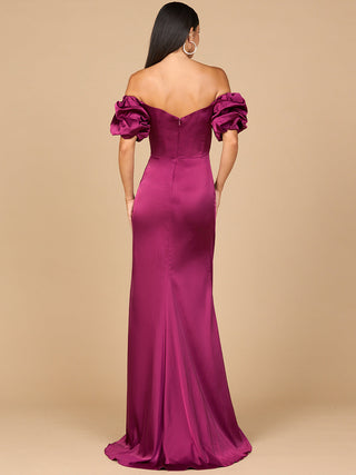 Off Shoulder Satin Dress with Slit - Glamourous Grace