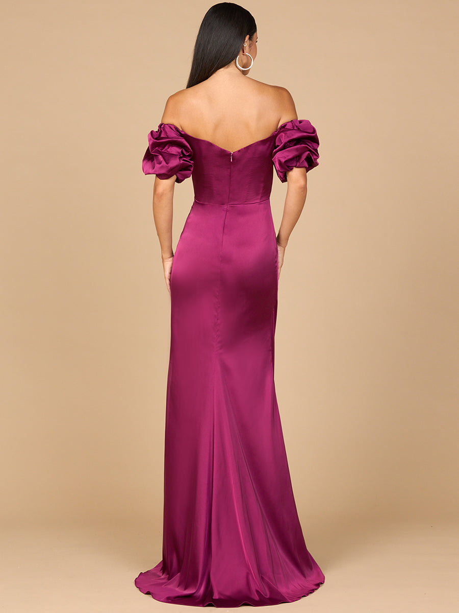 Off Shoulder Satin Dress with Slit - Glamourous Grace