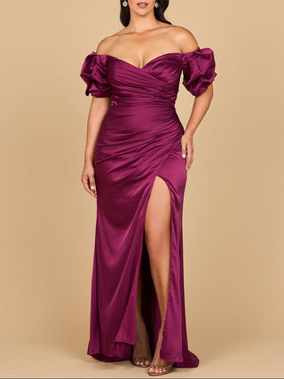 Off Shoulder Satin Dress with Slit - Glamourous Grace