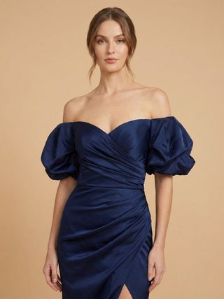 Off Shoulder Satin Dress with Slit | 28957 - Glamourous Grace