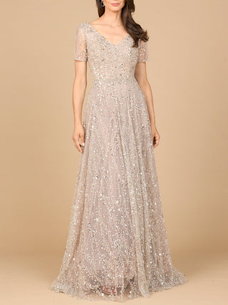 Short Sleeve V-Neck Beaded Ballgown - Glamourous Grace