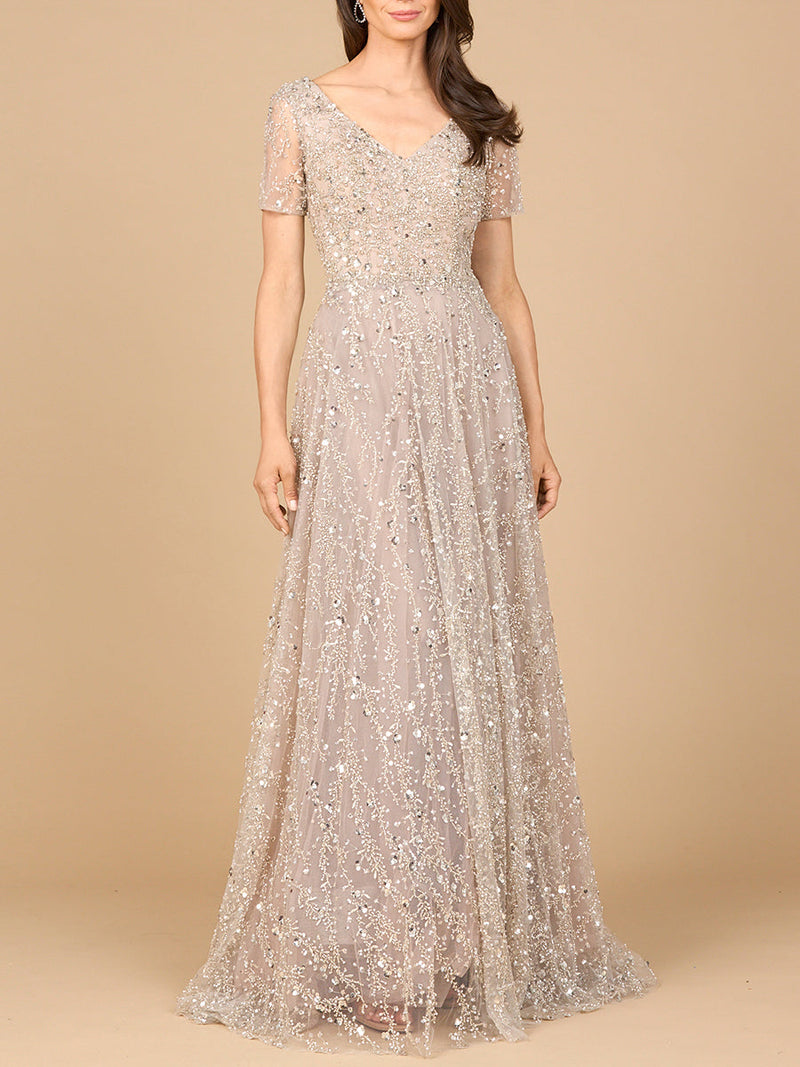 Short Sleeve V-Neck Beaded Ballgown - Glamourous Grace