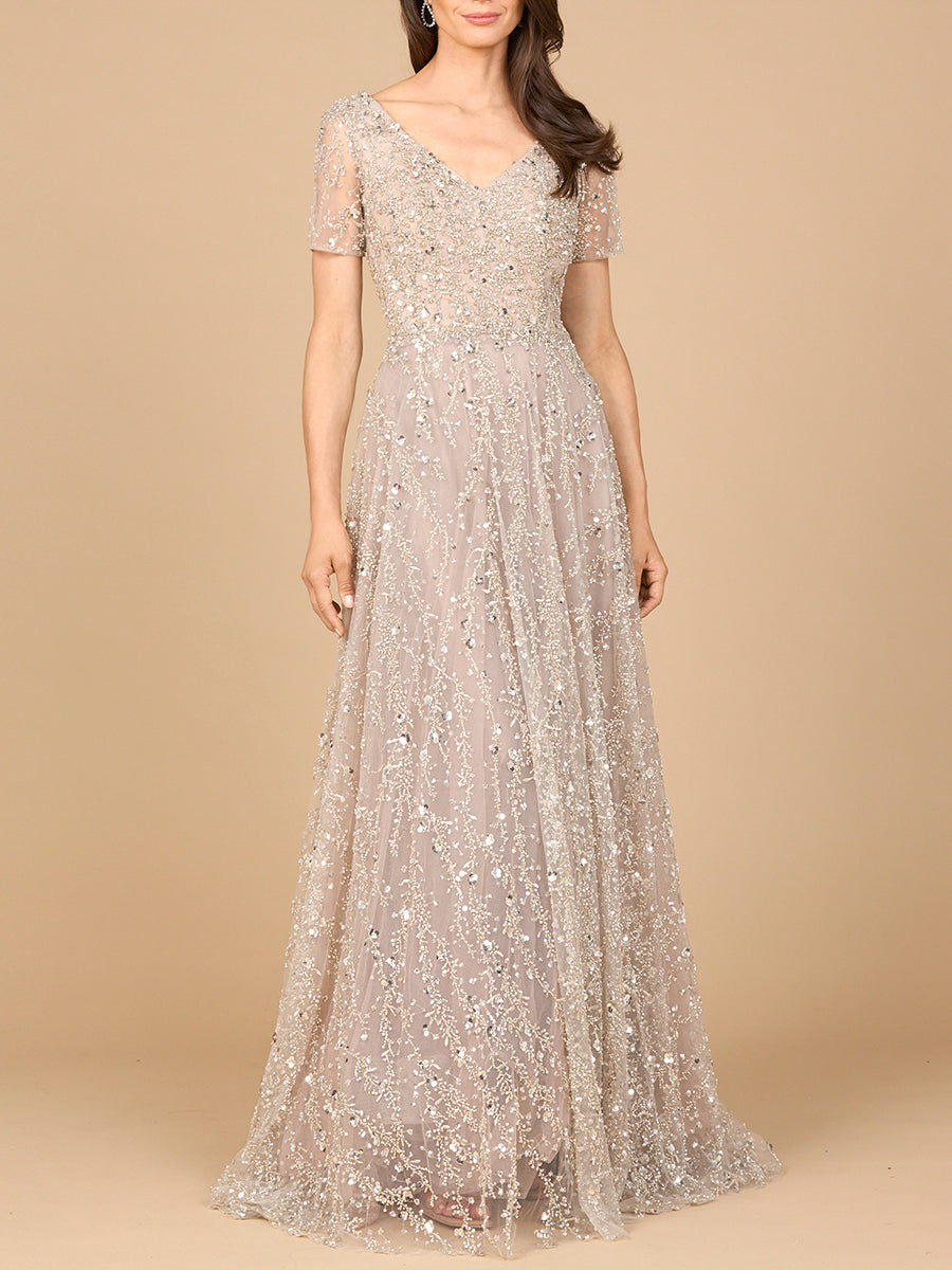 Short Sleeve V-Neck Beaded Ballgown - Glamourous Grace