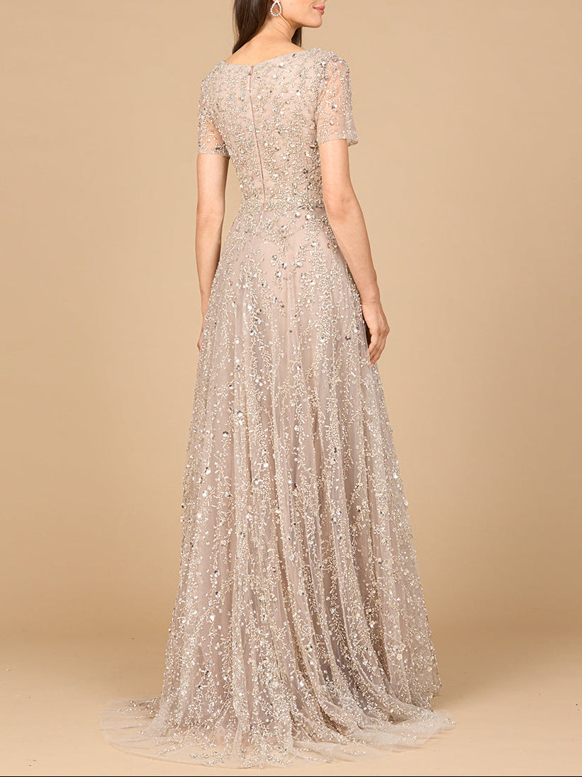 Short Sleeve V-Neck Beaded Ballgown - Glamourous Grace