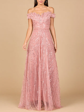 Lara New York off-shoulder beaded ballgown dress with intricate beadwork and flowing fabric, styled for elegant occasions.