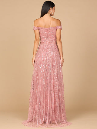 Lara New York off-shoulder beaded ballgown dress with floral rose details, elegant and luxurious for formal occasions.