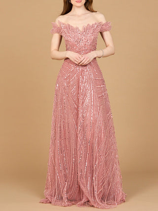 Lara New York off-shoulder beaded ballgown in dusty rose with intricate bead embellishments and flowing skirt.