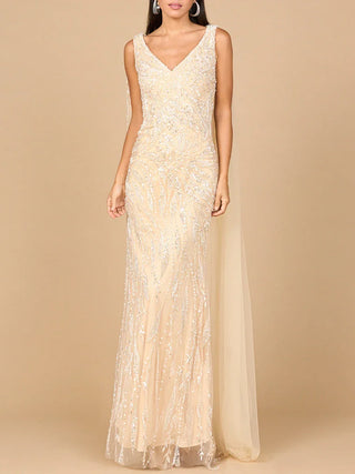 V-Neck Gown with Long Cape Sleeves - Glamourous Grace