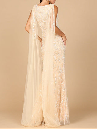 V-Neck Gown with Long Cape Sleeves - Glamourous Grace