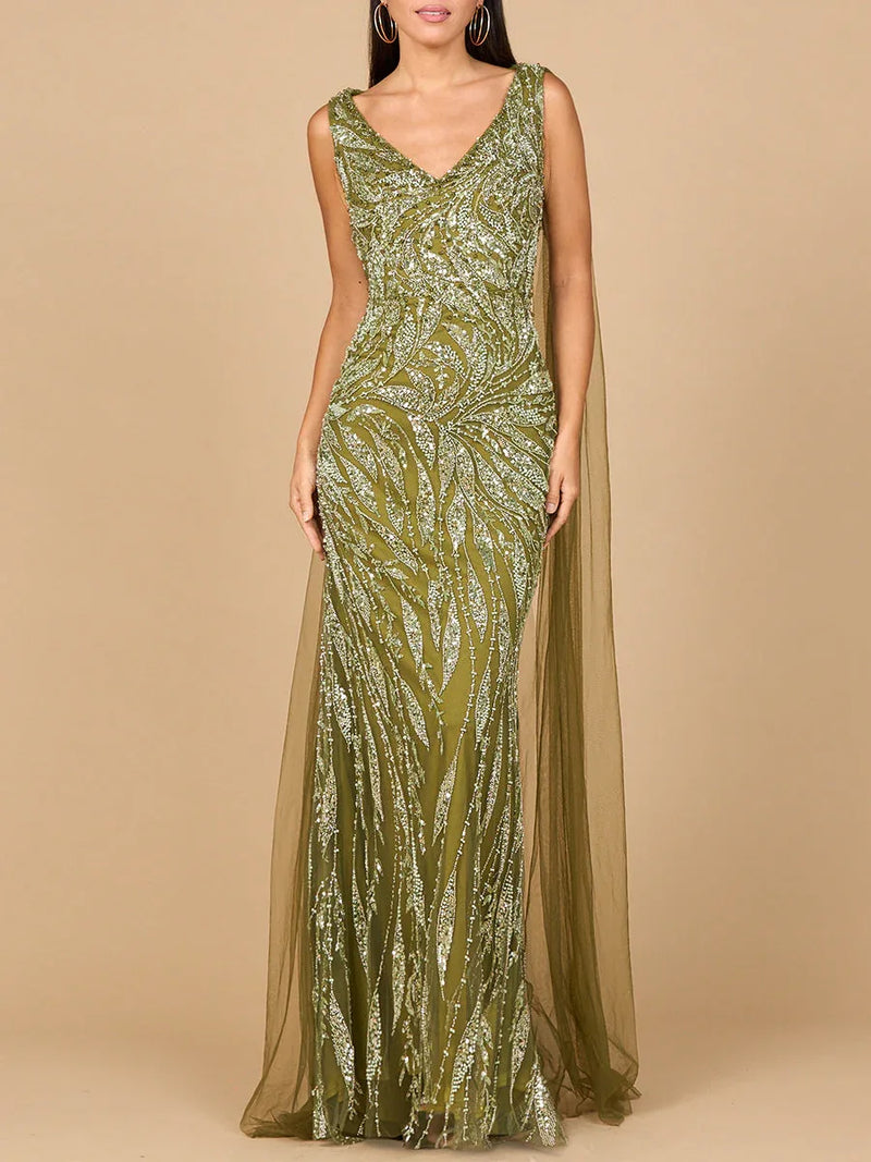 V-Neck Gown with Long Cape Sleeves - Glamourous Grace
