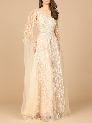 V-Neck Lace Gown with Cape Sleeves - Glamourous Grace