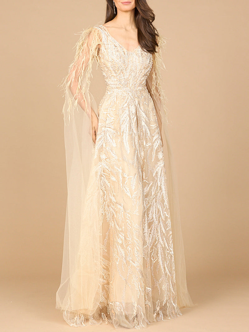 V-Neck Lace Gown with Cape Sleeves - Glamourous Grace