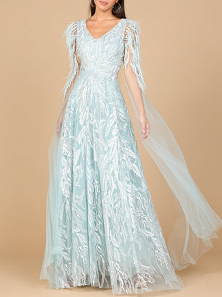 V-Neck Lace Gown with Cape Sleeves - Glamourous Grace