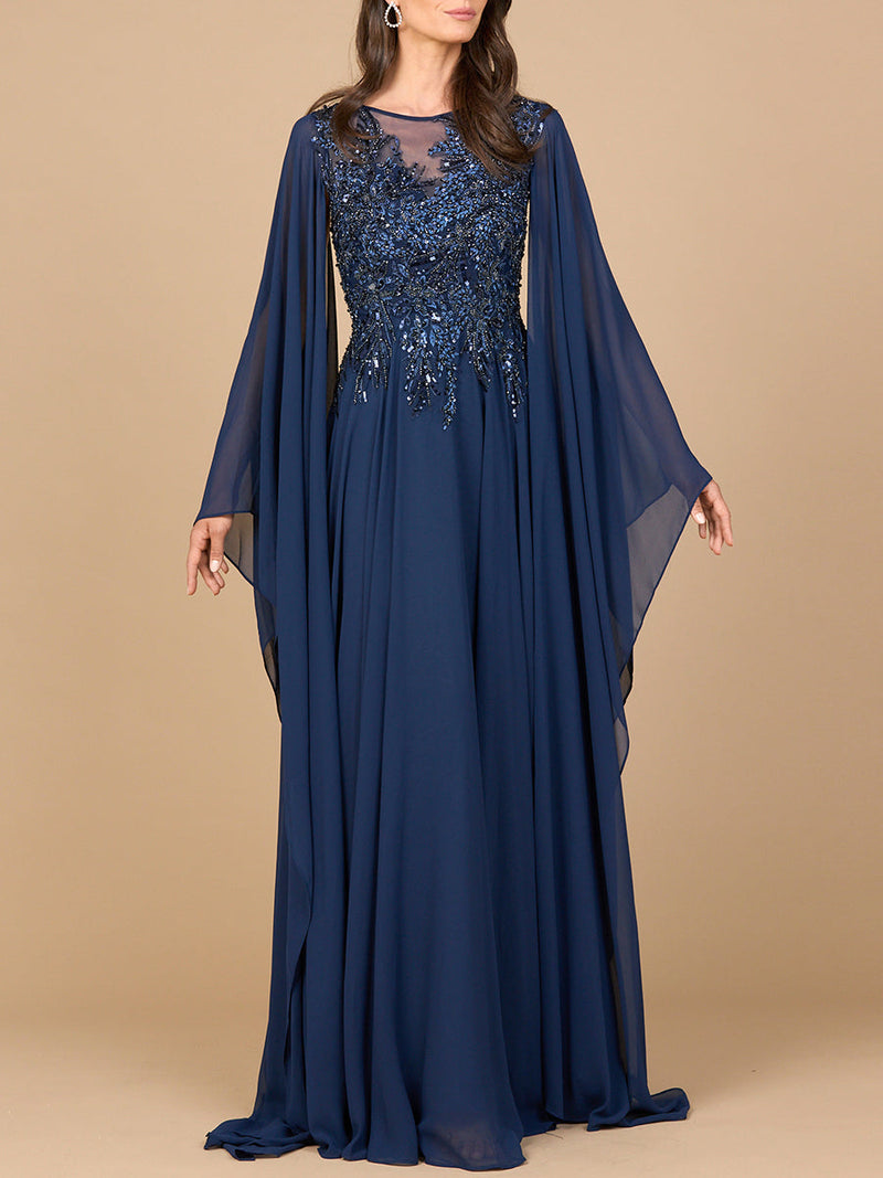 Chiffon A-line Long Gown with Cape Sleeves - Glamourous Grace