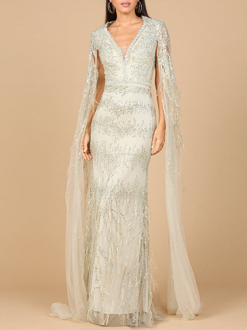 V-Neck Gown with Long Cape Sleeves and Feathers - Glamourous Grace