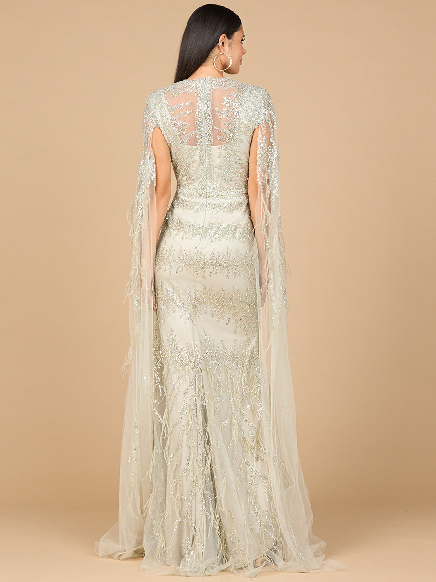 V-Neck Gown with Long Cape Sleeves and Feathers - Glamourous Grace