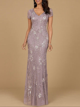 V-Neck, Short Sleeve Beaded Gown - Glamourous Grace
