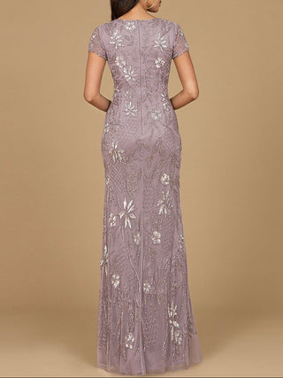 V-Neck, Short Sleeve Beaded Gown - Glamourous Grace