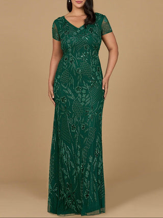 V-Neck, Short Sleeve Beaded Gown - Glamourous Grace