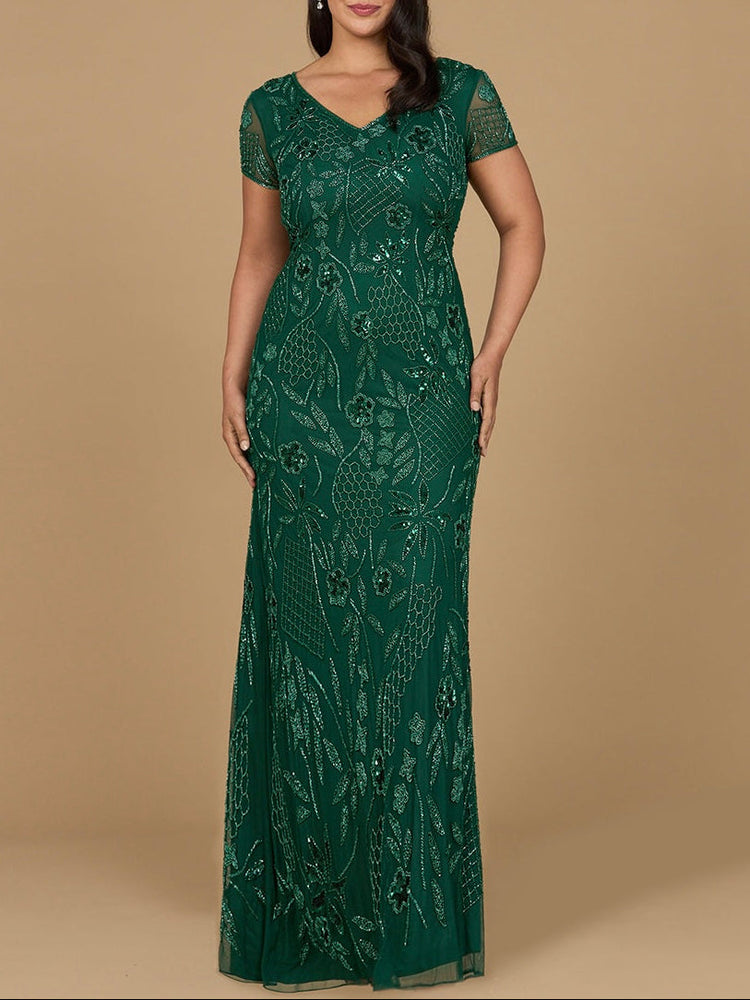 V-Neck, Short Sleeve Beaded Gown - Glamourous Grace
