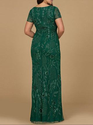 V-Neck, Short Sleeve Beaded Gown - Glamourous Grace