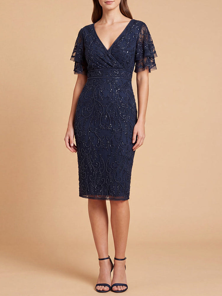 Beaded Midi Dress with Cape Sleeves - Glamourous Grace