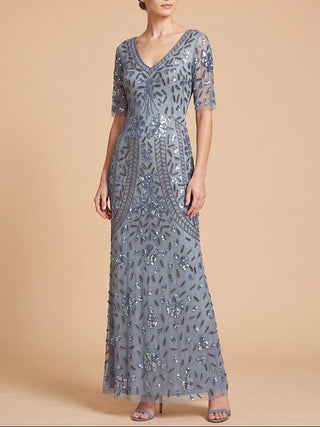 V-Neck, Cape Sleeve Beaded Gown - Glamourous Grace