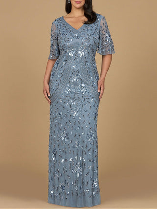 V-Neck, Cape Sleeve Beaded Gown - Glamourous Grace