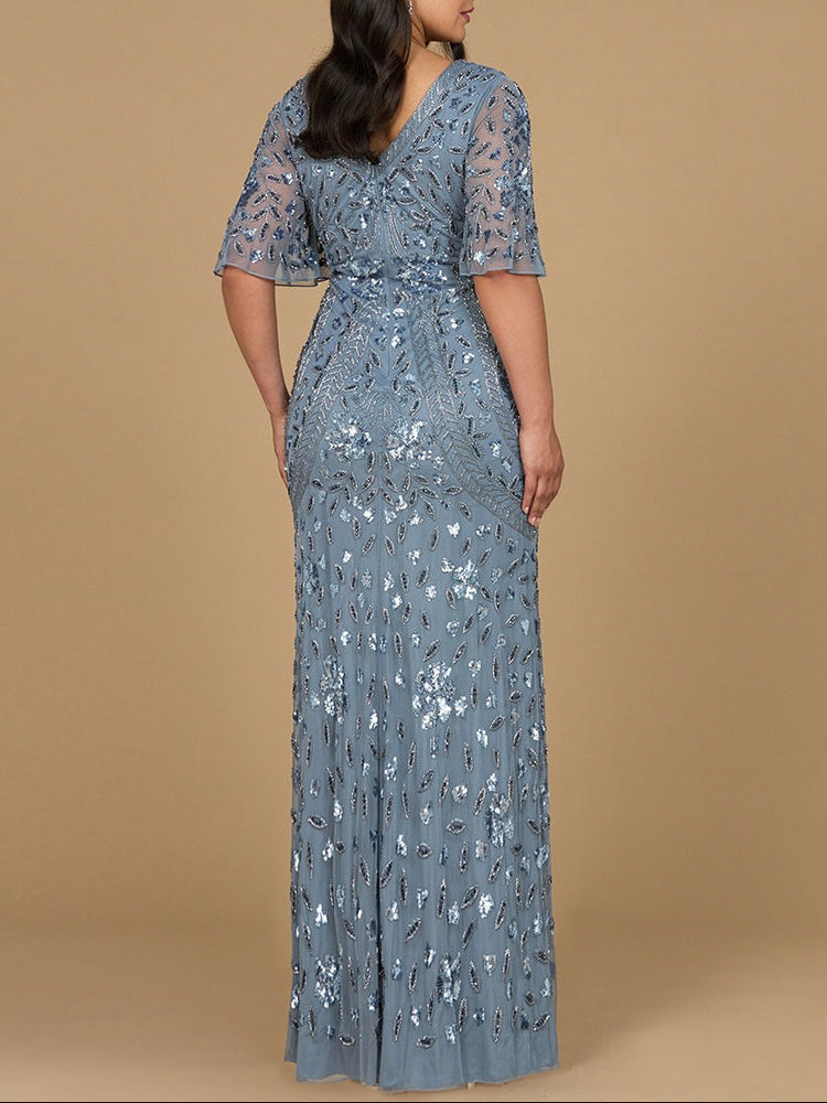 V-Neck, Cape Sleeve Beaded Gown - Glamourous Grace
