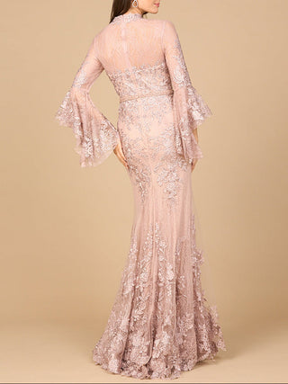 Lace, V Neck, Long Bell Sleeve Gown - Glamourous Grace