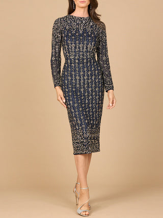 Navy beaded midi dress with long sleeves by Lara New York, featuring intricate beadwork and a sleek, elegant design.