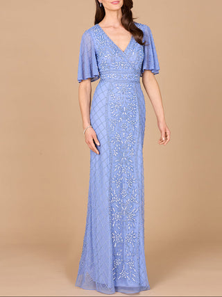 V-Neck, Cape Sleeve Beaded Gown with Belt - Glamourous Grace