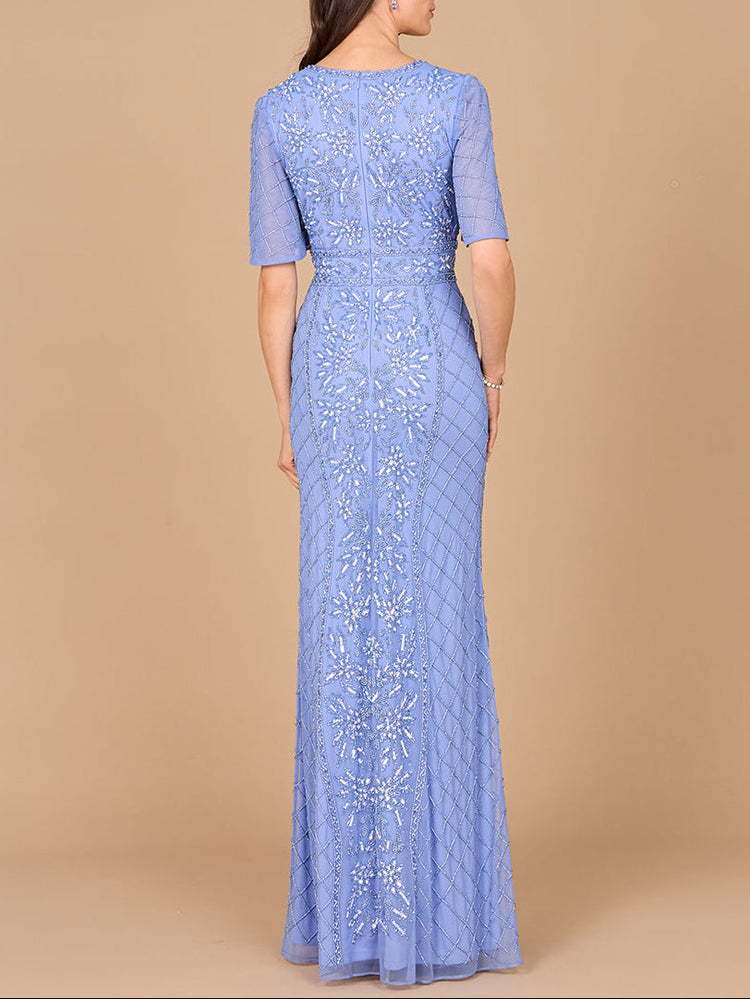 V-Neck, Cape Sleeve Beaded Gown with Belt - Glamourous Grace