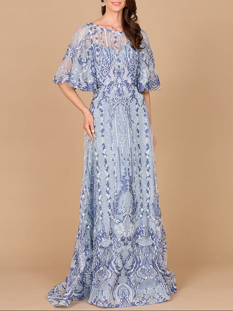 Embroidered, Cape Sleeve A-line Gown - Glamourous Grace