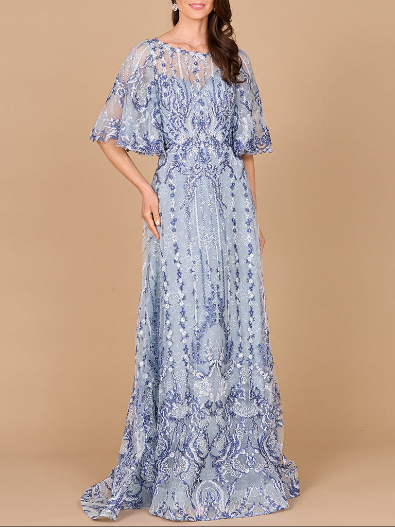 Embroidered, Cape Sleeve A-line Gown - Glamourous Grace