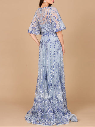 Embroidered, Cape Sleeve A-line Gown - Glamourous Grace
