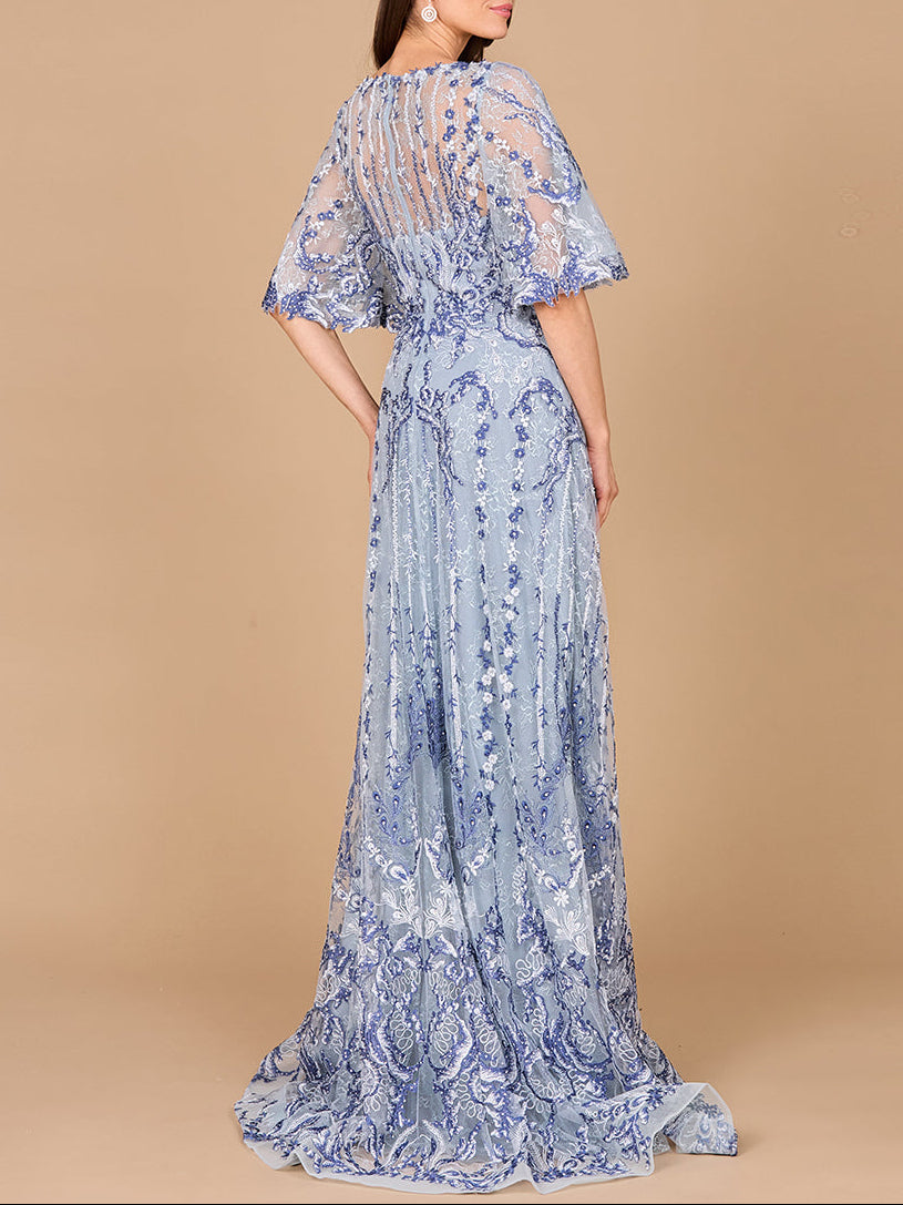 Embroidered, Cape Sleeve A-line Gown - Glamourous Grace