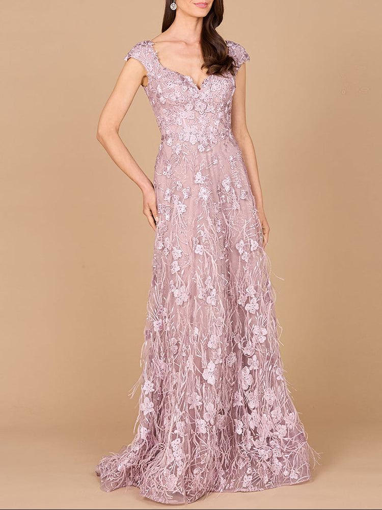 Cap Sleeves, A-line Dress with Feathers - Glamourous Grace