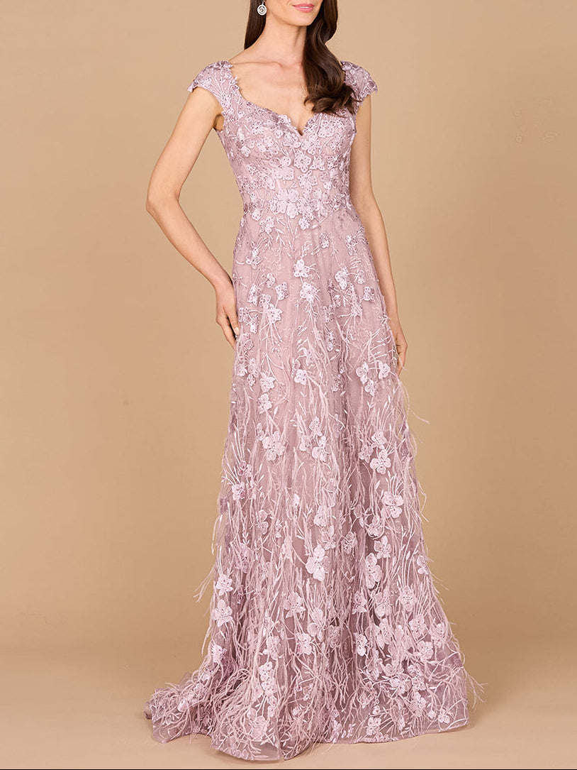 Cap Sleeves, A-line Dress with Feathers - Glamourous Grace
