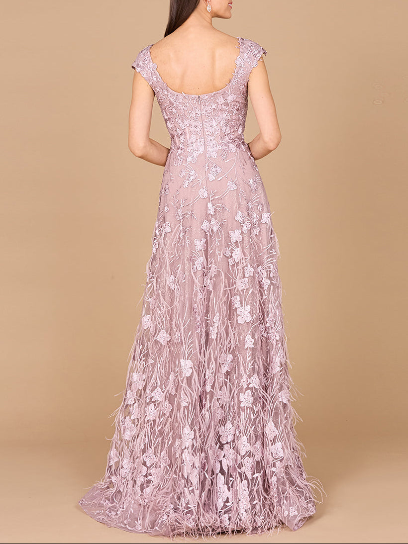 Cap Sleeves, A-line Dress with Feathers - Glamourous Grace