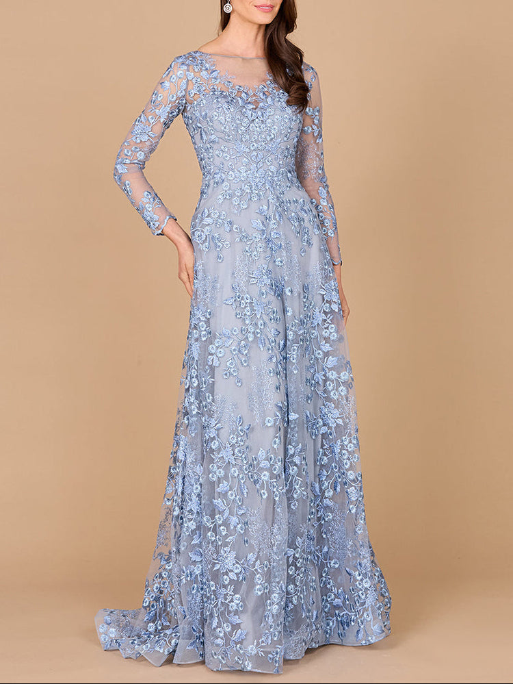 Illusion Neckline, Long Sleeves Gown - Glamourous Grace