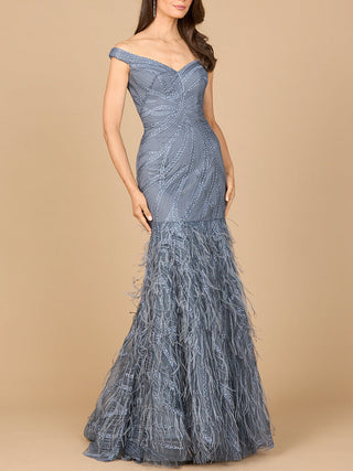 Off Shoulder Mermaid Beaded Gown with Feathers - Glamourous Grace