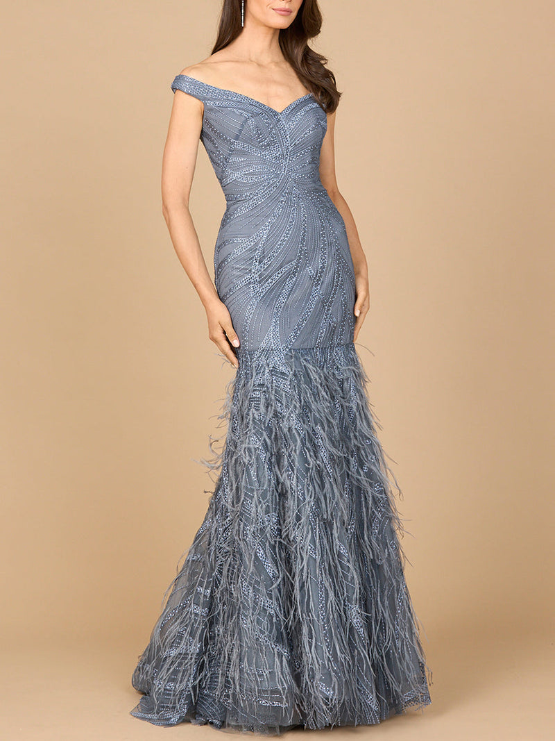 Off Shoulder Mermaid Beaded Gown with Feathers - Glamourous Grace