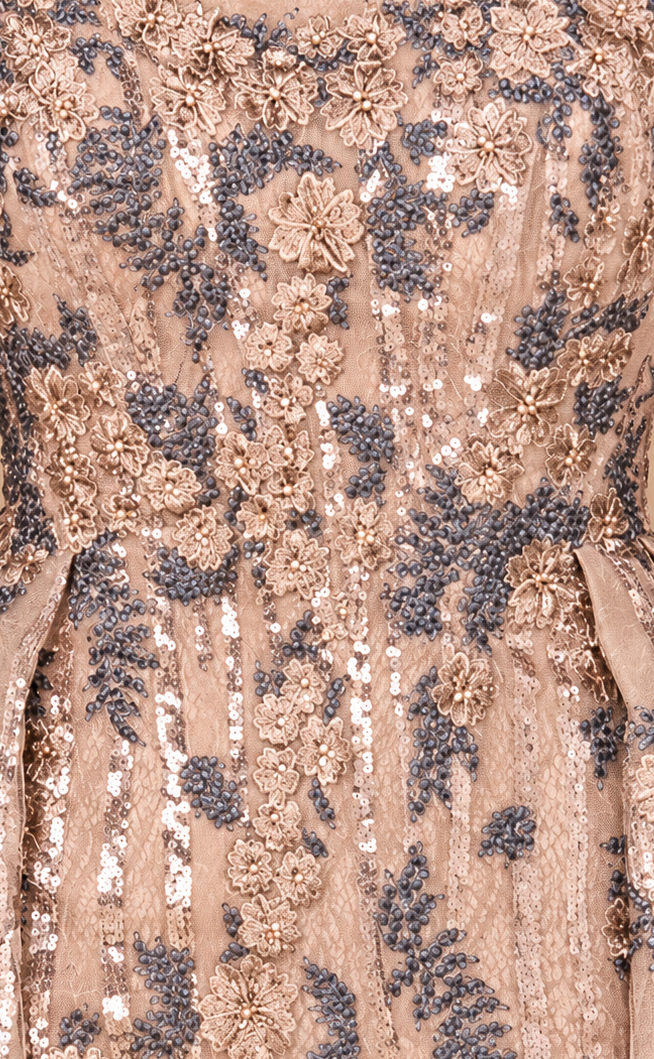 Long Sleeve Scoop Neck Lace Gown with Overskirt - Glamourous Grace