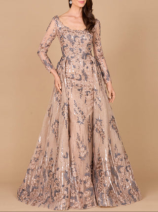 Long Sleeve Scoop Neck Lace Gown with Overskirt - Glamourous Grace
