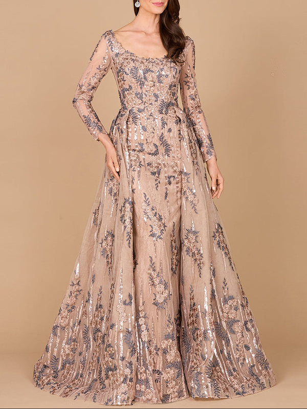 Long Sleeve Scoop Neck Lace Gown with Overskirt - Glamourous Grace