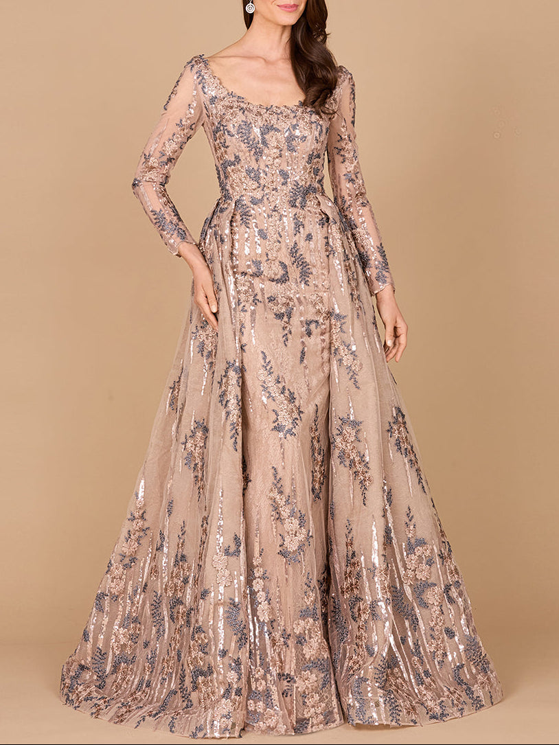 Long Sleeve Scoop Neck Lace Gown with Overskirt - Glamourous Grace